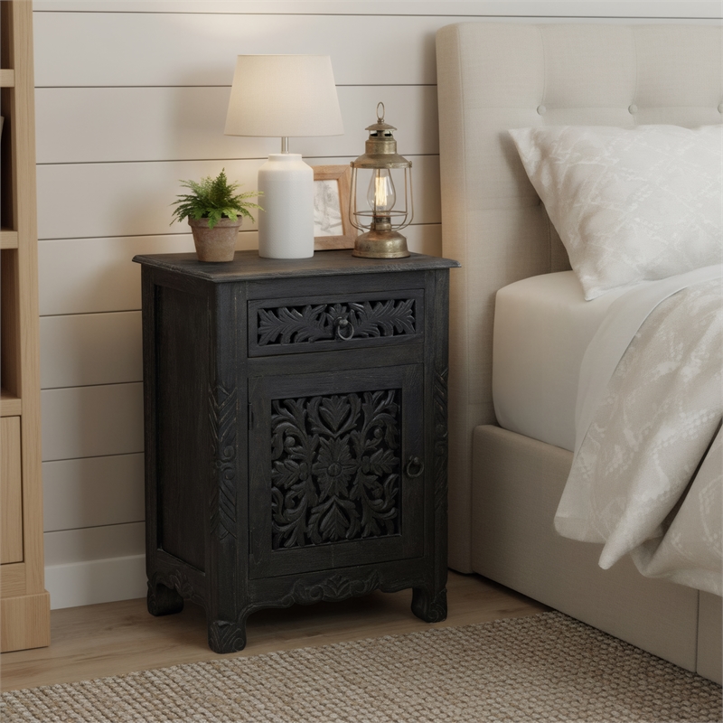 Taran Designs Monte 1-drawer 1-door Solid Wood Nightstand (Left) in Black