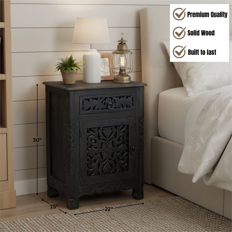 Taran Designs Monte 1-drawer 1-door Solid Wood Nightstand (Left) in Black