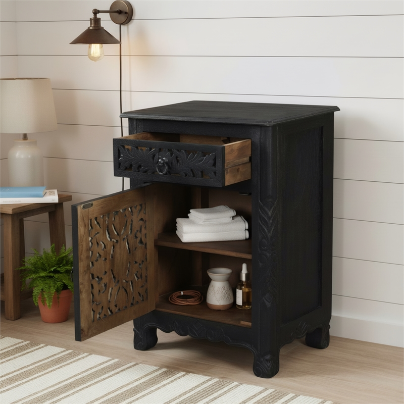 Taran Designs Monte 1-drawer 1-door Solid Wood Nightstand (Left) in Black