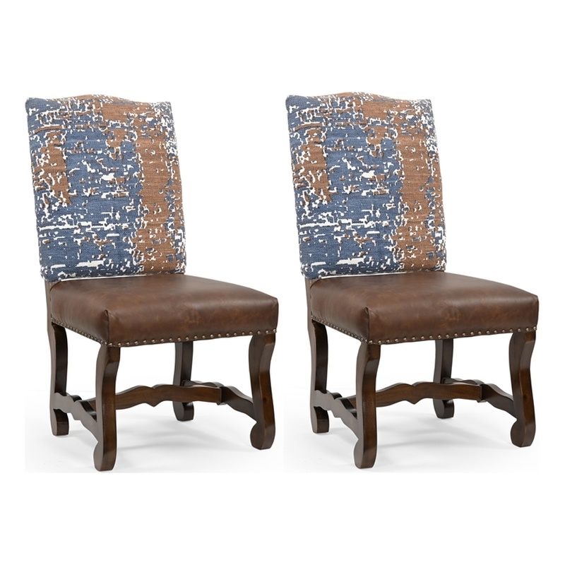 Taran Designs Kenneth Chenille/Leather Dining Chairs (Set of 2) in Blue/Brown