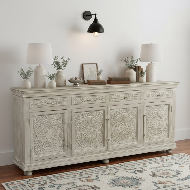 Taran Designs Fillian Floral Carved Solid Wood Sideboard in White