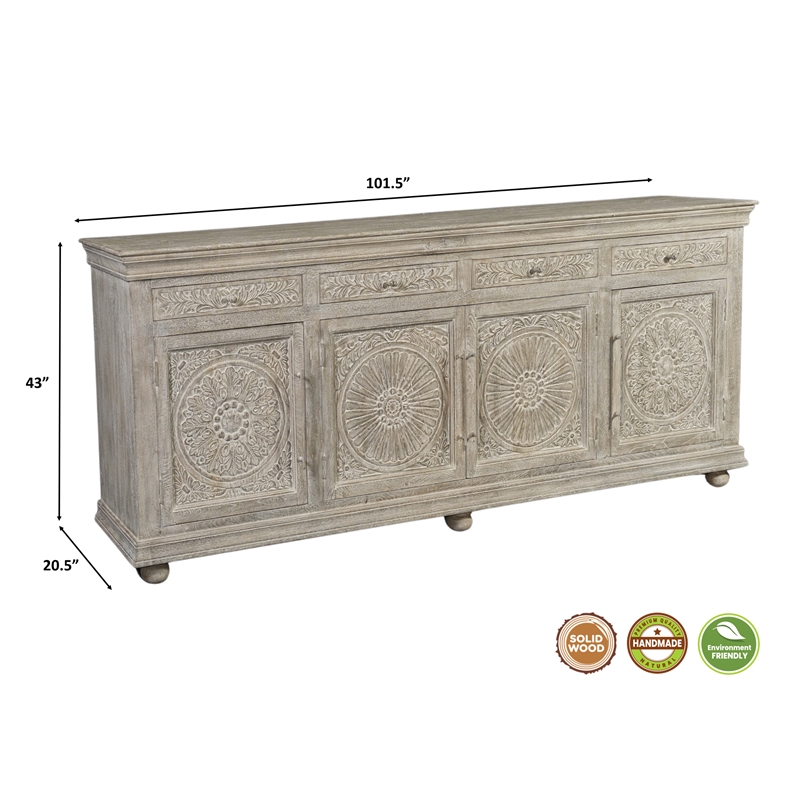 Taran Designs Fillian Floral Carved Solid Wood Sideboard in White