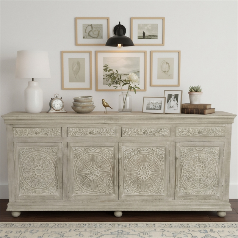 Taran Designs Fillian Floral Carved Solid Wood Sideboard in White