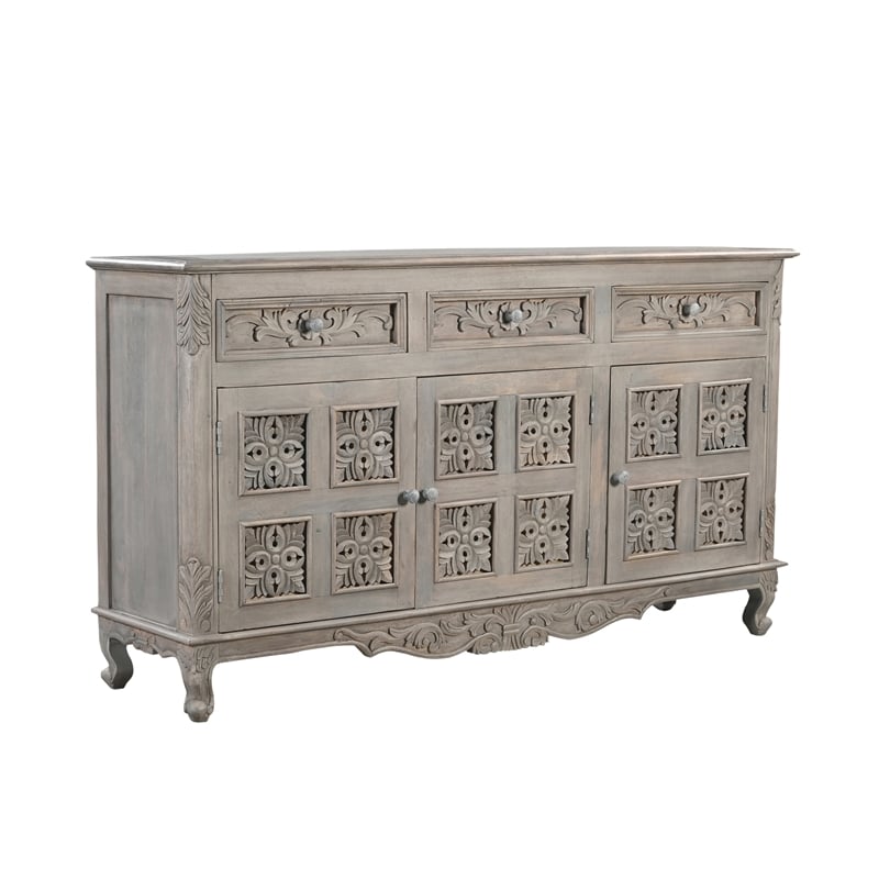 Taran Designs Isabella 3-drawer 3-door Carved Solid Wood Sideboard in Gray