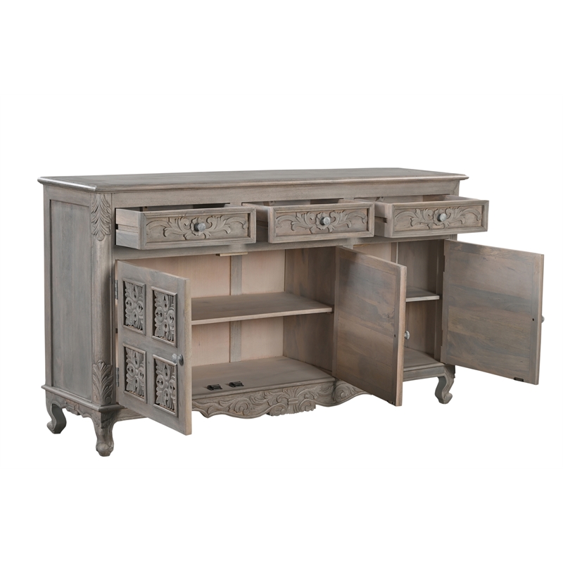Taran Designs Isabella 3-drawer 3-door Carved Solid Wood Sideboard in Gray