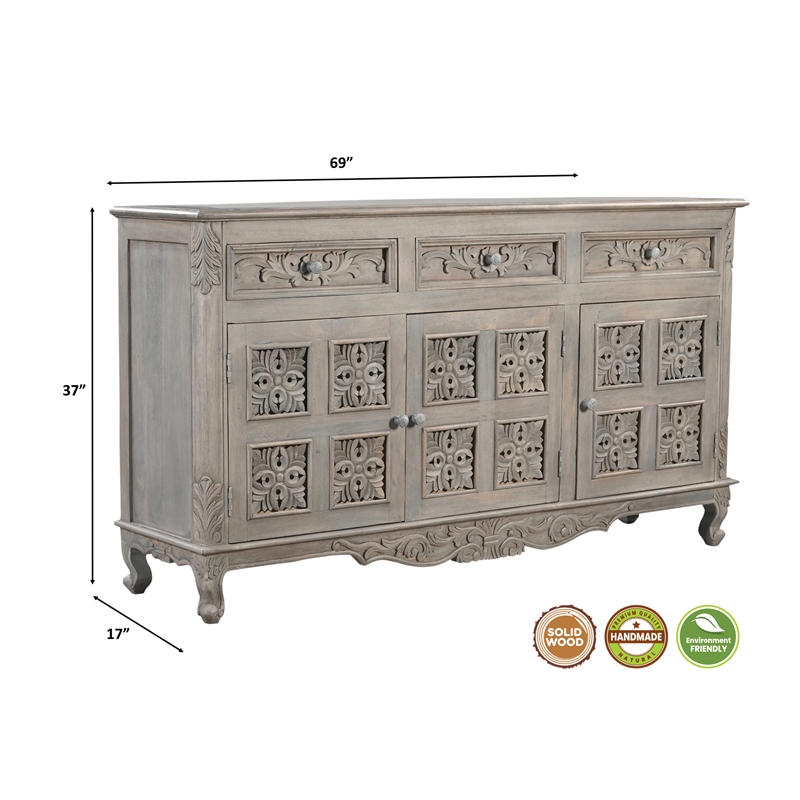 Taran Designs Isabella 3-drawer 3-door Carved Solid Wood Sideboard in Gray