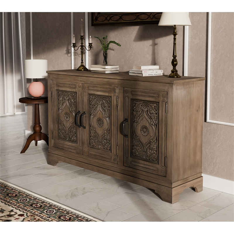 Taran Designs Isabella 3-door Carved Solid Wood Sideboard in Brown