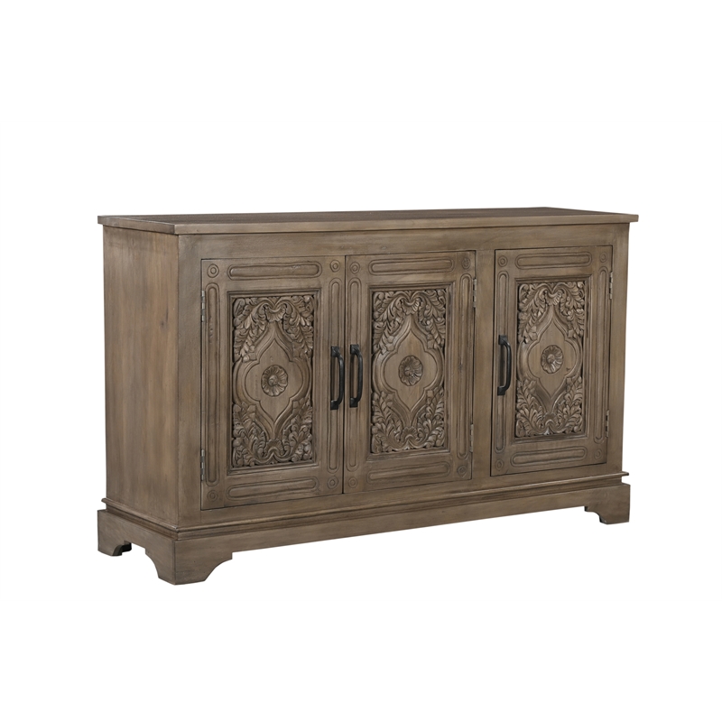 Taran Designs Isabella 3-door Carved Solid Wood Sideboard in Brown