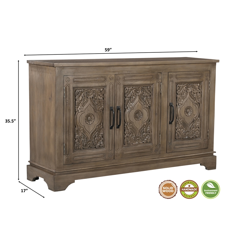 Taran Designs Isabella 3-door Carved Solid Wood Sideboard in Brown