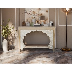 Taran Designs Isabella Carved Solid Wood Console Table in Beige/White