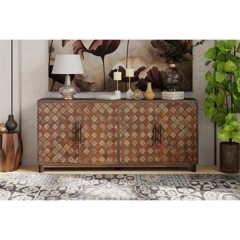 Taran Designs Mason 4-door Diamond Pattern Solid Wood Sideboard in Brown