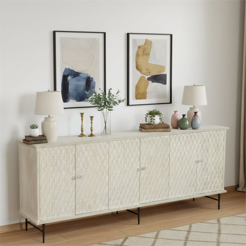 Taran Designs Mason 6-door Geometric Pattern Solid Wood Sideboard in White