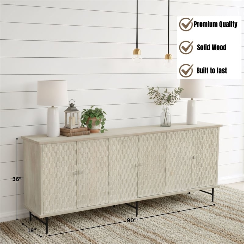 Taran Designs Mason 6-door Geometric Pattern Solid Wood Sideboard in White