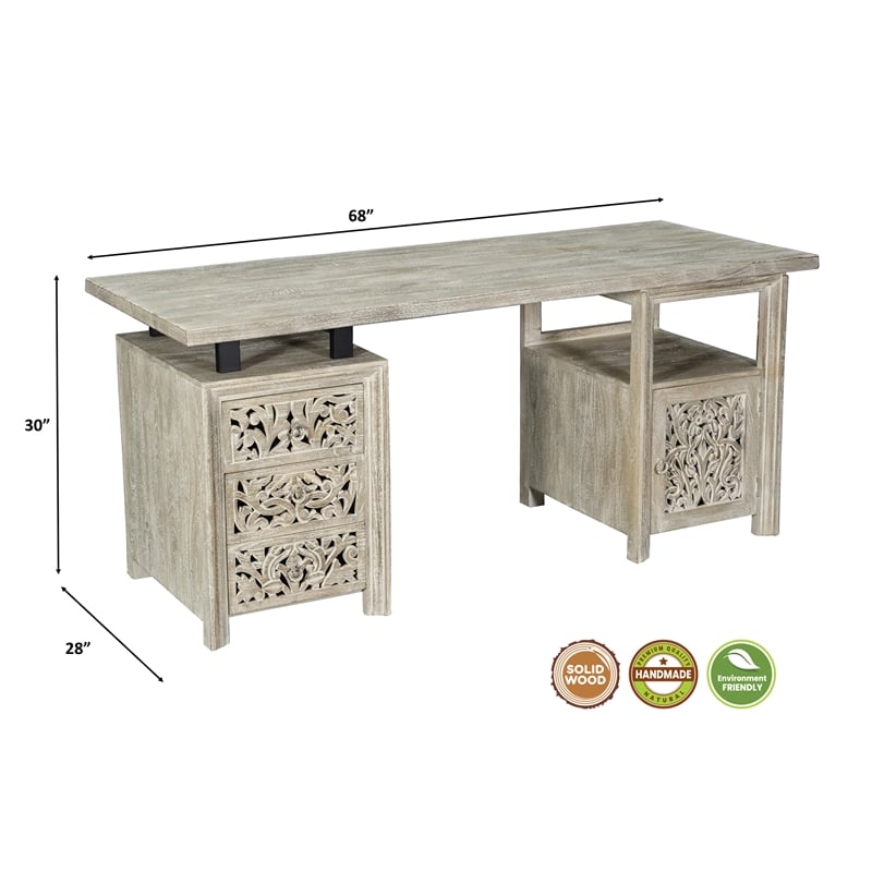 Taran Designs Fillian 3-drawer 1-door Floral Carved Solid Wood Desk in Gray