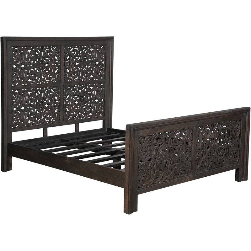 Taran Designs Fillian Floral Carved Solid Wood Queen Panel Bed in Black