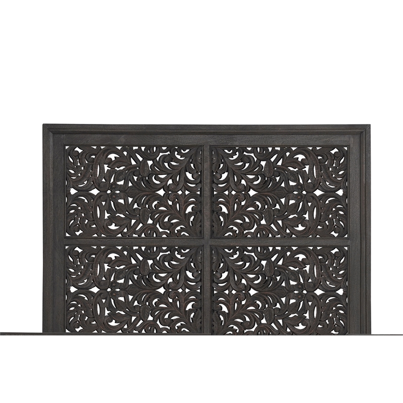 Taran Designs Fillian Floral Carved Solid Wood Queen Panel Bed in Black