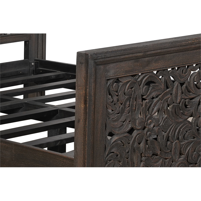 Taran Designs Fillian Floral Carved Solid Wood Queen Panel Bed in Black