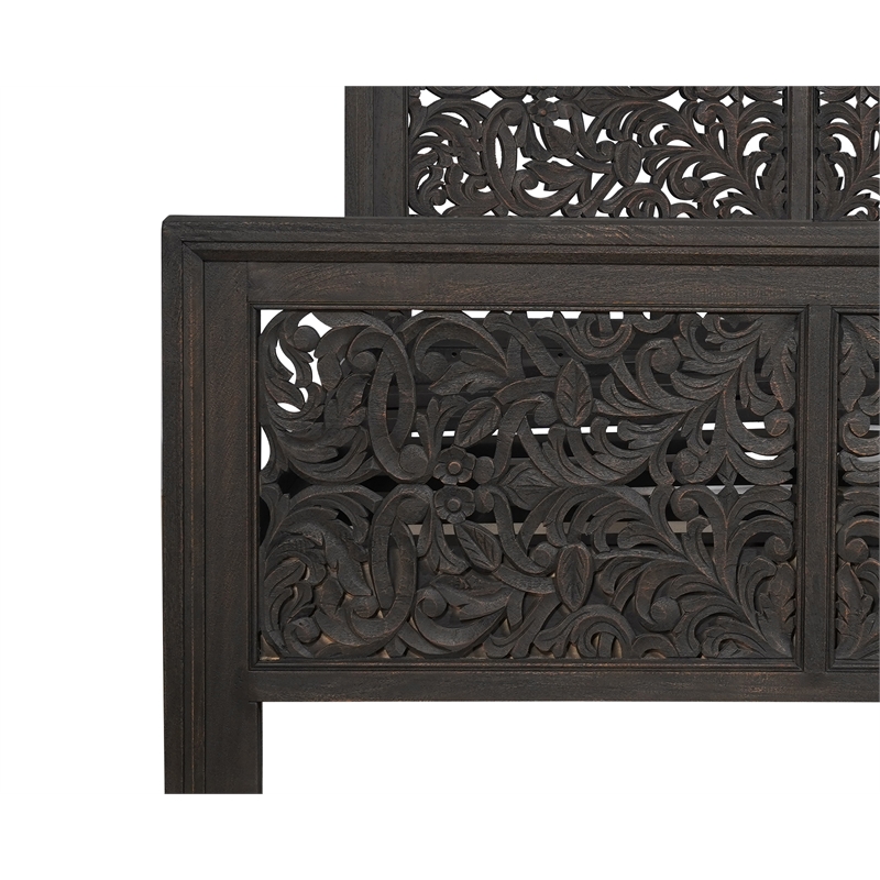 Taran Designs Fillian Floral Carved Solid Wood Queen Panel Bed in Black
