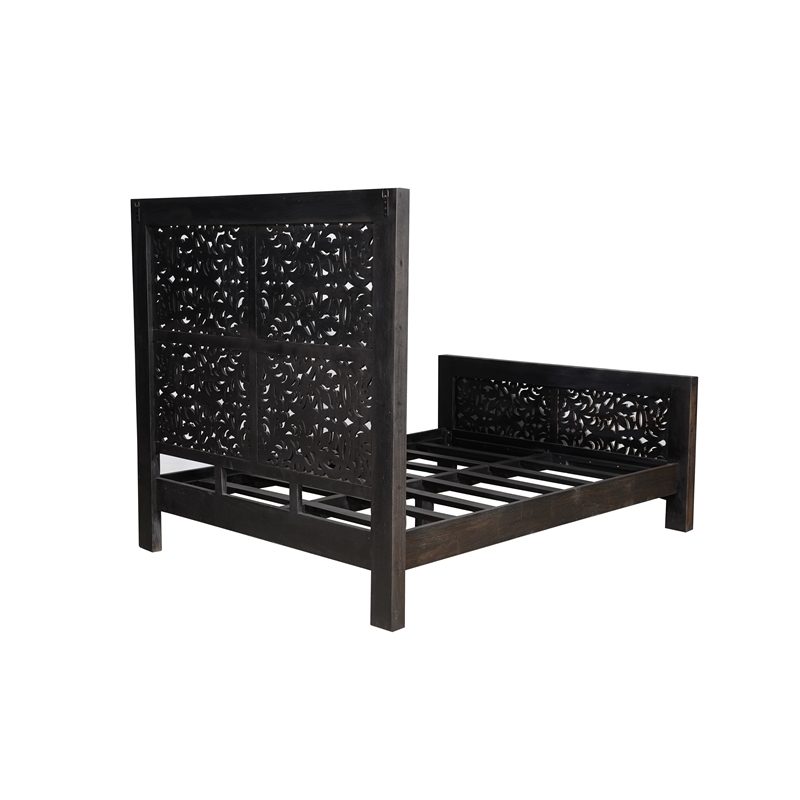 Taran Designs Fillian Floral Carved Solid Wood Queen Panel Bed in Black