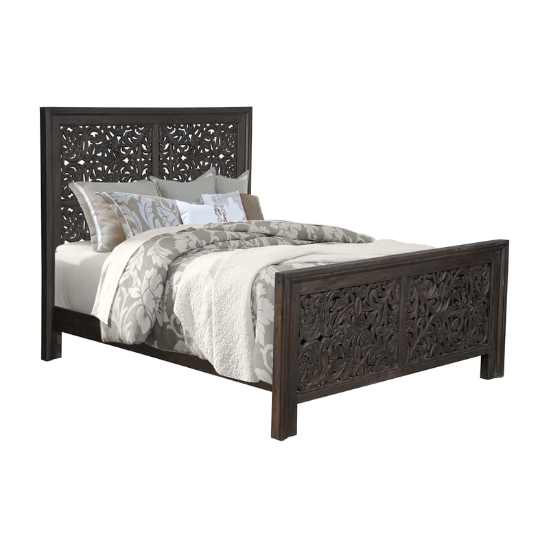 Taran Designs Fillian Floral Carved Solid Wood Queen Panel Bed in Black