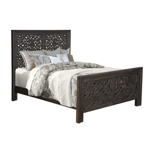 Taran Designs Fillian Floral Carved Solid Wood Queen Panel Bed in Black