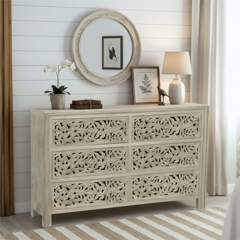 Taran Designs Fillian 6-drawer Floral Carved Solid Wood Dresser in Gray