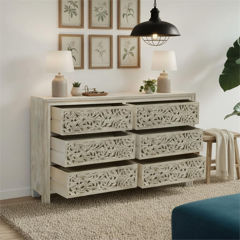 Taran Designs Fillian 6-drawer Floral Carved Solid Wood Dresser in Gray