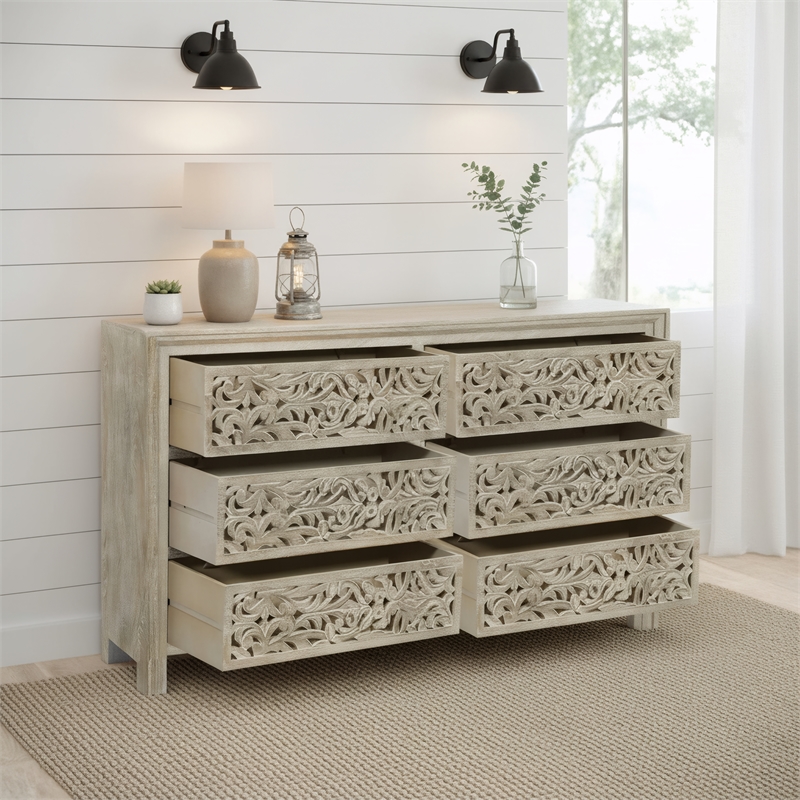 Taran Designs Fillian 6-drawer Floral Carved Solid Wood Dresser in Gray