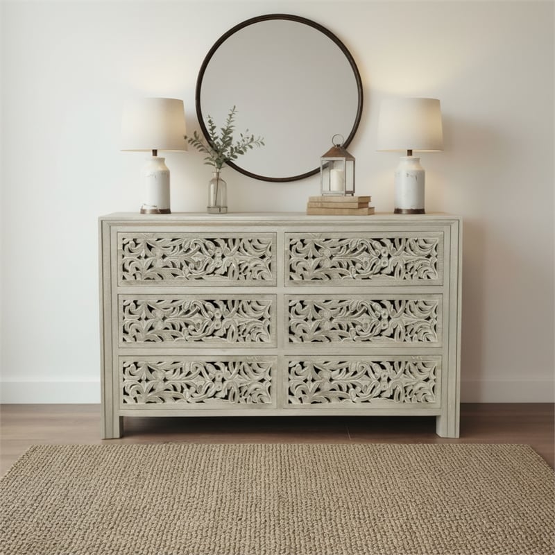 Taran Designs Fillian 6-drawer Floral Carved Solid Wood Dresser in Gray