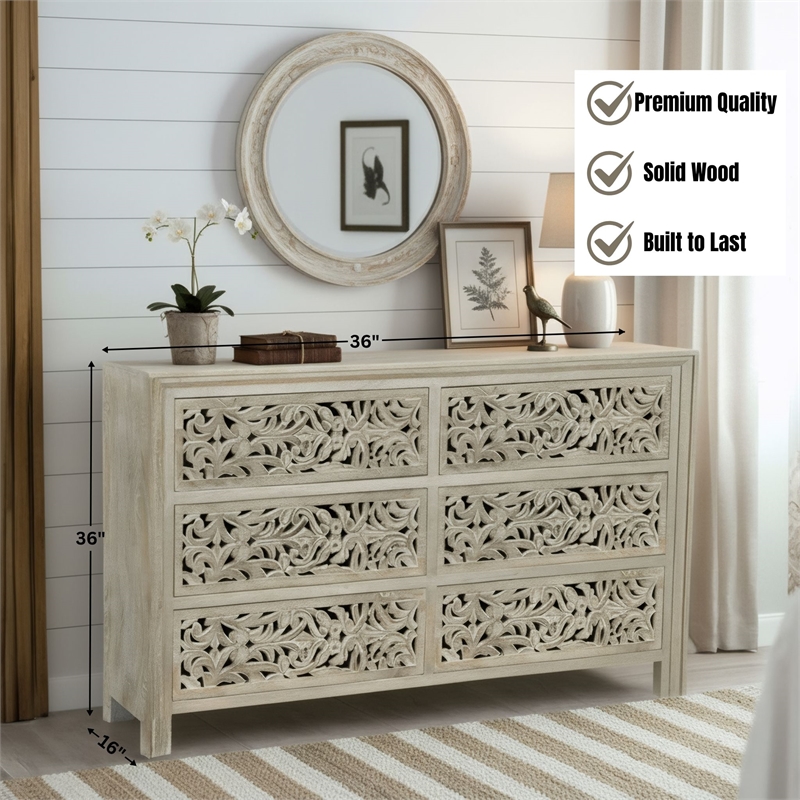 Taran Designs Fillian 6-drawer Floral Carved Solid Wood Dresser in Gray