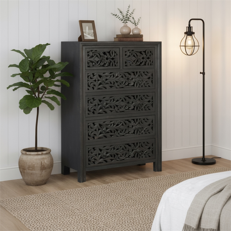 Taran Designs Fillian 6-drawer Floral Carved Solid Wood Chest in Black