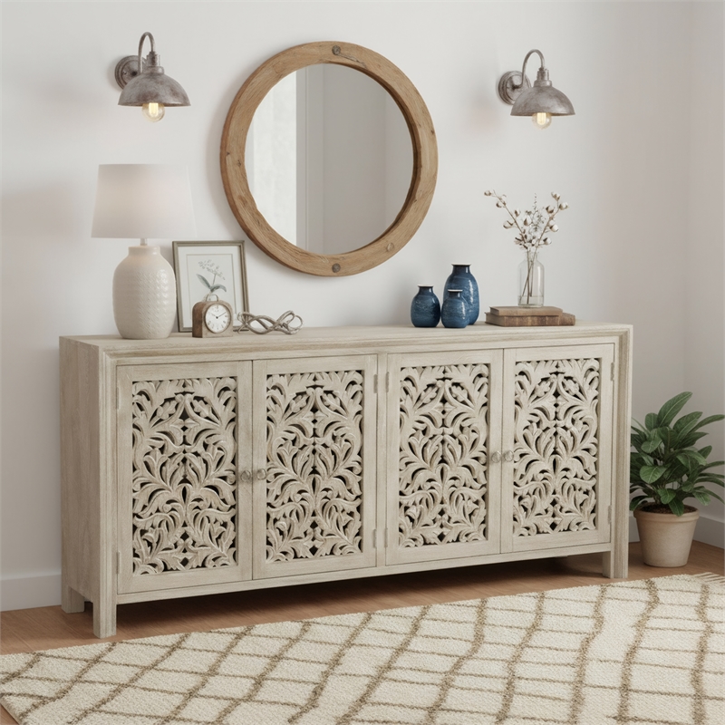 Taran Designs Fillian 4-door Floral Carved Solid Wood Sideboard in Gray