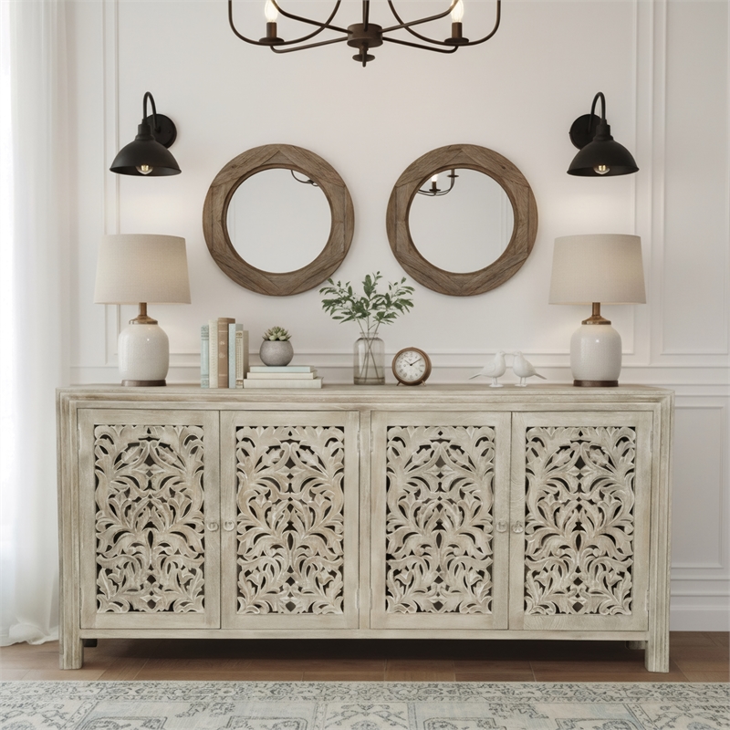 Taran Designs Fillian 4-door Floral Carved Solid Wood Sideboard in Gray