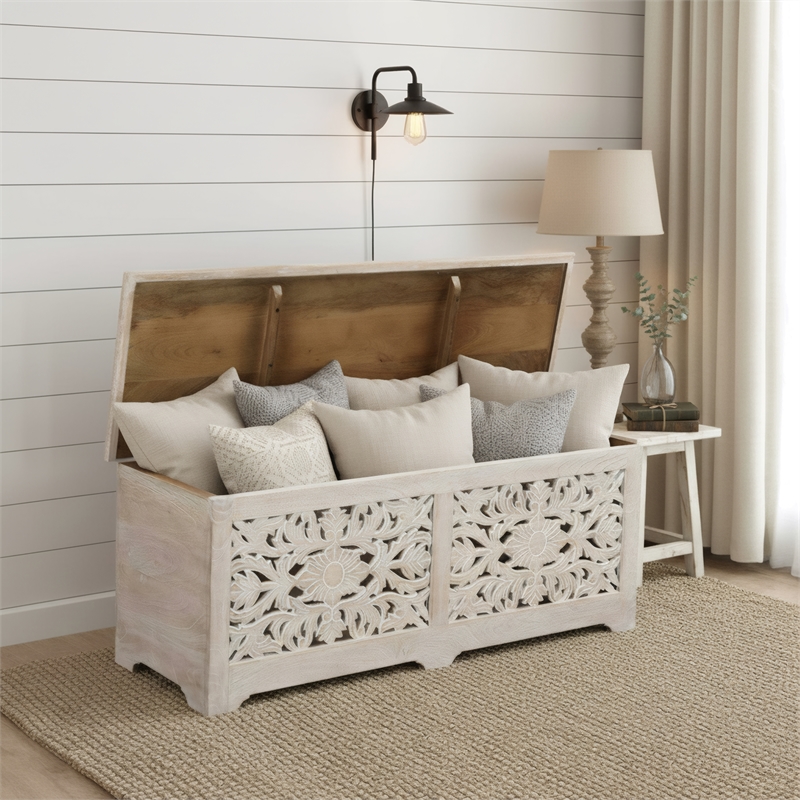 Taran Designs Monte Floral Carved Solid Wood Storage Ottoman in White