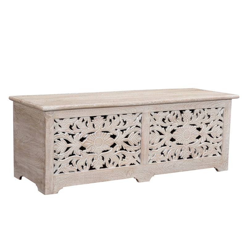 Taran Designs Monte Floral Carved Solid Wood Storage Ottoman in White