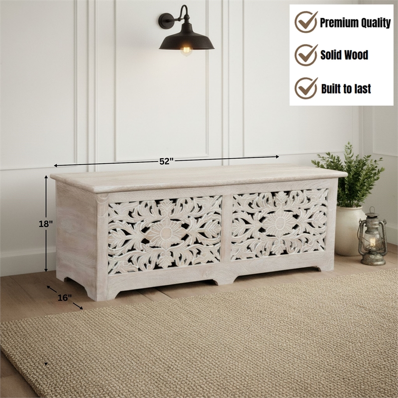 Taran Designs Monte Floral Carved Solid Wood Storage Ottoman in White