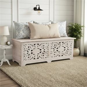 Taran Designs Monte Floral Carved Solid Wood Storage Ottoman in White