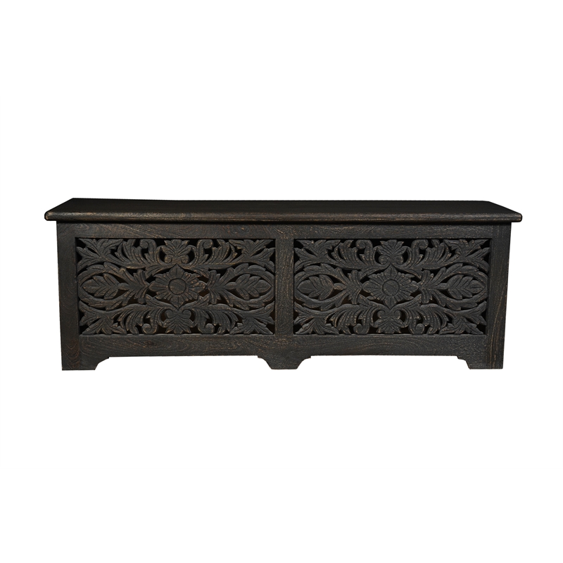 Taran Designs Monte Floral Carved Solid Wood Storage Ottoman in Black