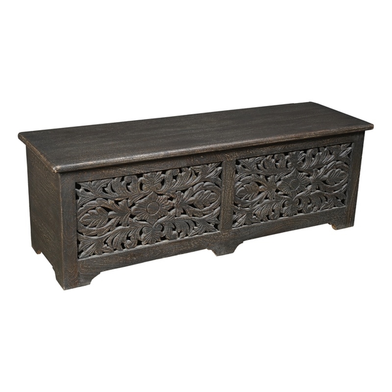 Taran Designs Monte Floral Carved Solid Wood Storage Ottoman in Black