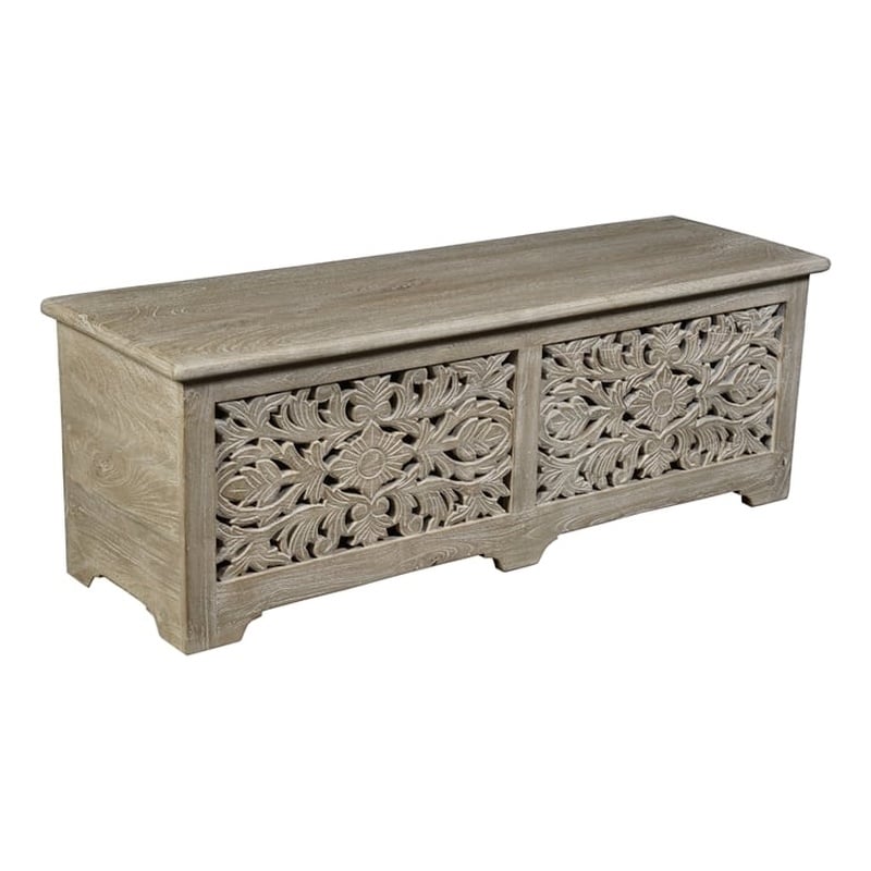 Taran Designs Monte Floral Carved Solid Wood Storage Ottoman in Gray