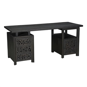 Taran Designs Fillian 3-drawer 1-door Floral Carved Solid Wood Desk in Black
