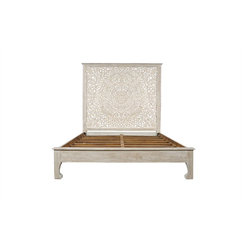Taran Designs Gianna Floral Carved Solid Wood Queen Bed in White