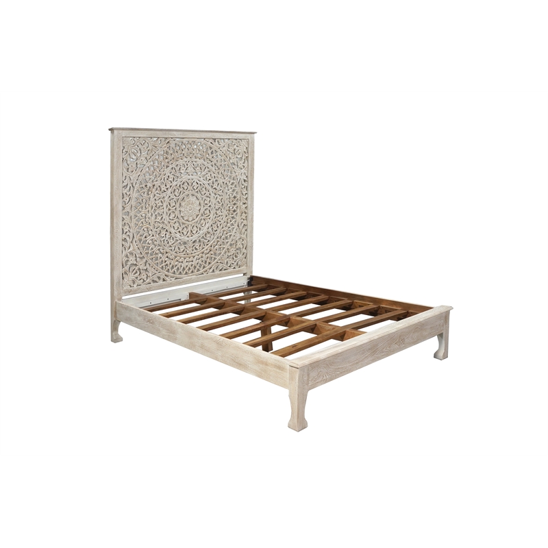Taran Designs Gianna Floral Carved Solid Wood Queen Bed in White