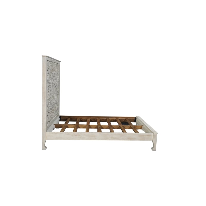 Taran Designs Gianna Floral Carved Solid Wood Queen Bed in White