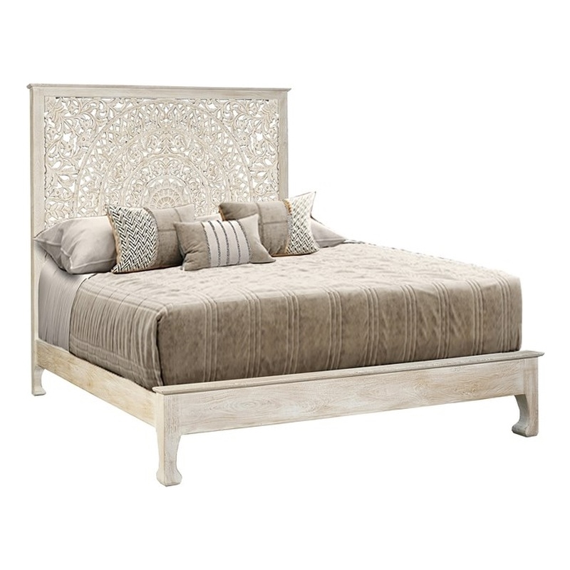 Taran Designs Gianna Floral Carved Solid Wood Queen Bed in White