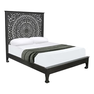Taran Designs Gianna Floral Carved Solid Wood Queen Bed in Black
