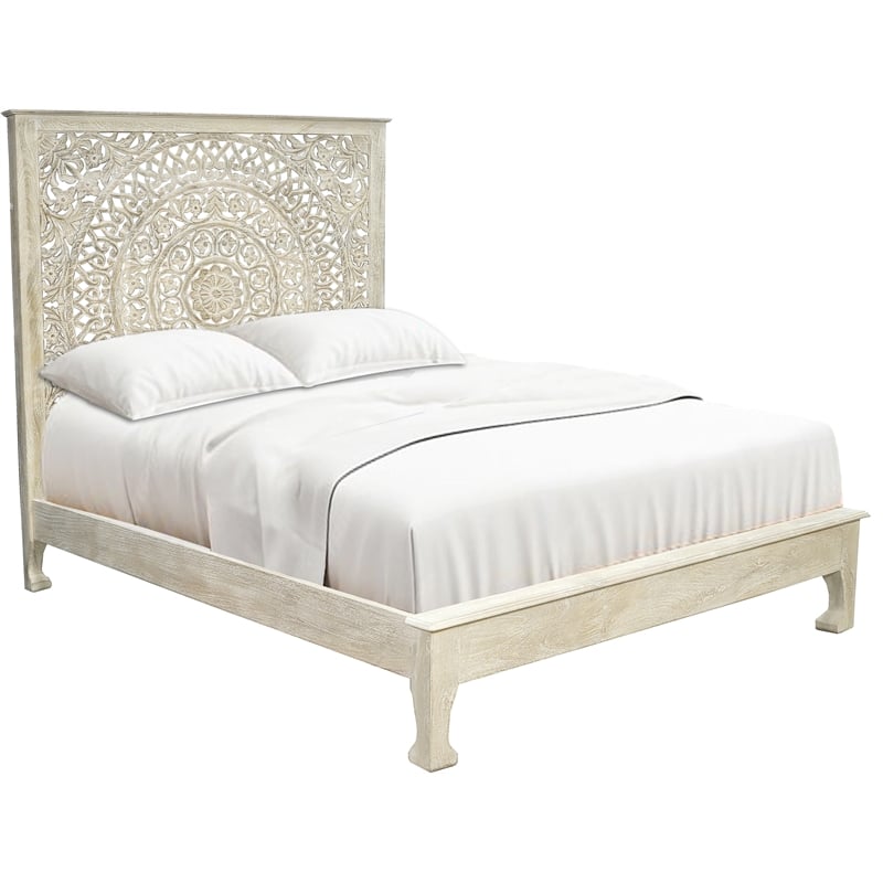 Taran Designs Gianna Floral Carved Solid Wood Queen Bed in Gray