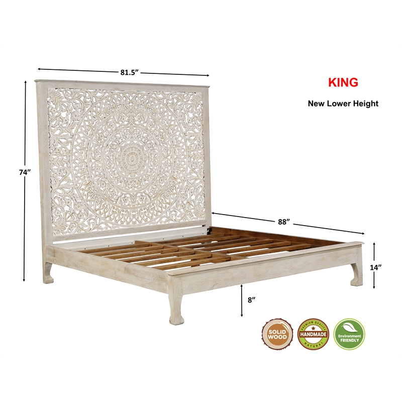 Taran Designs Gianna Floral Carved Solid Wood King Bed in White