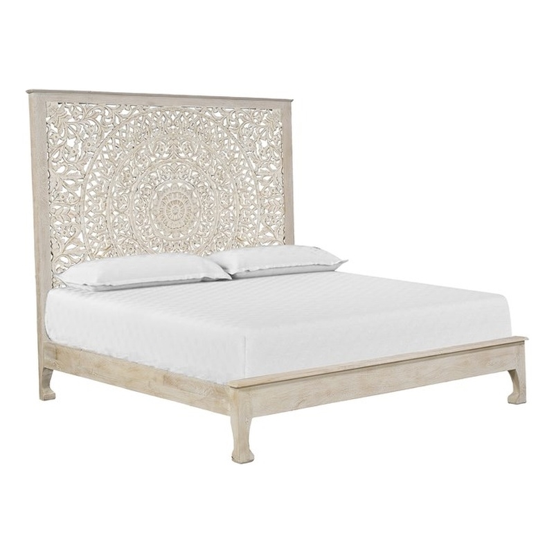 Taran Designs Gianna Floral Carved Solid Wood King Bed in White