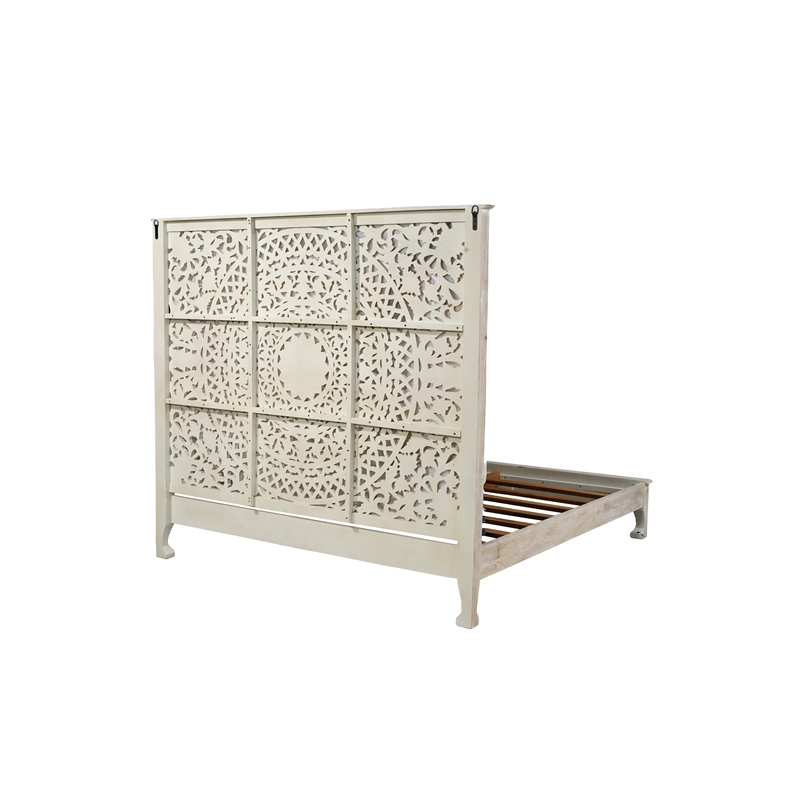 Taran Designs Gianna Floral Carved Solid Wood King Bed in White